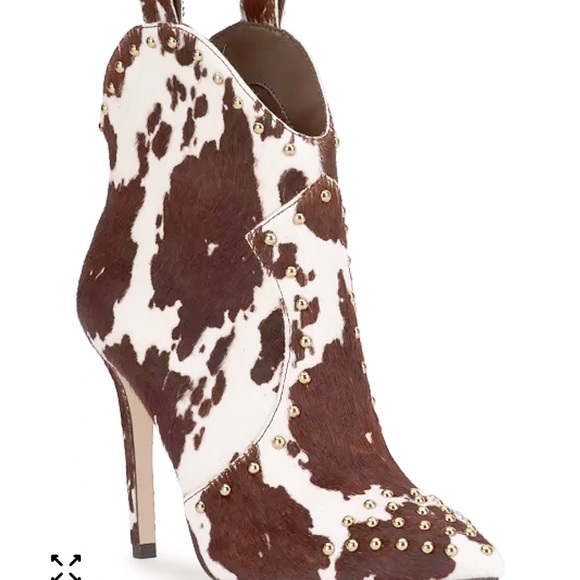 Brown and White Cowprint Studded Women's Ankle Boots - Picture 5 of 5